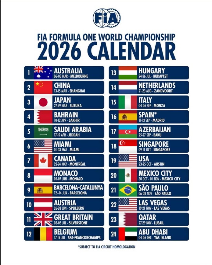 برنامه کامل فرمول یک 2026